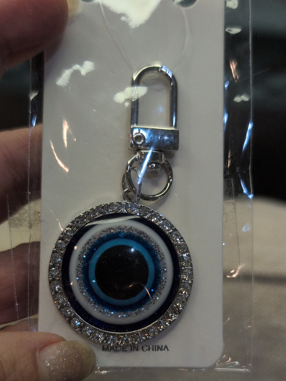 Mint Silver and Blue Evil Eye Keychain With Crystals